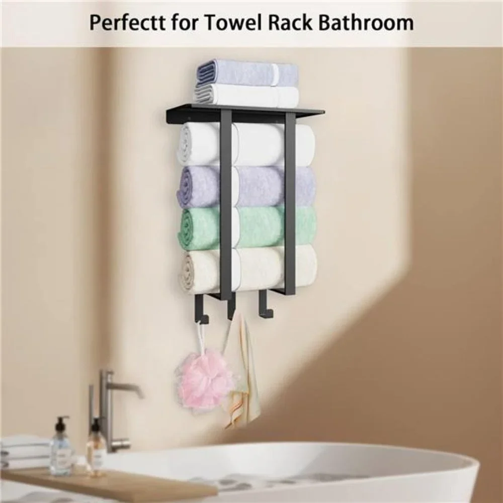 Towel Racks for Bathroom Wall, Metal Square Tube Towel Rack with Shelf & 3 Hooks